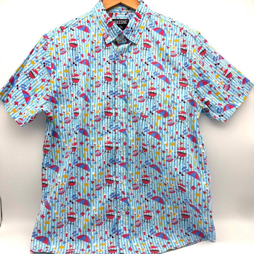 Massive Shirt Mens Medium BBQ Grill Print Dadcore Patriotic Button Down Cotton
